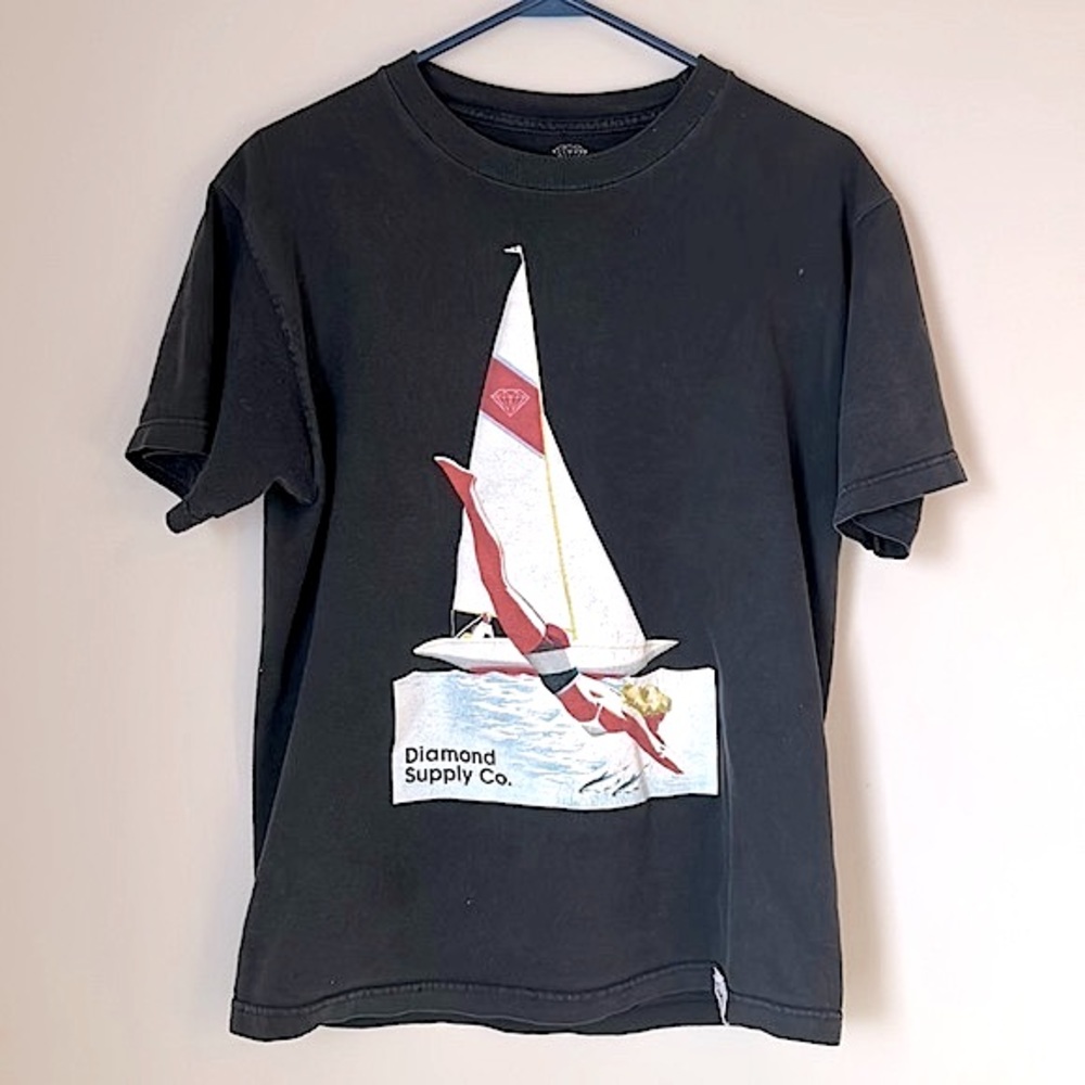 Diamond Supply Co. Retro Style Sailboat Bikini Girl Fishing Black T-Shirt